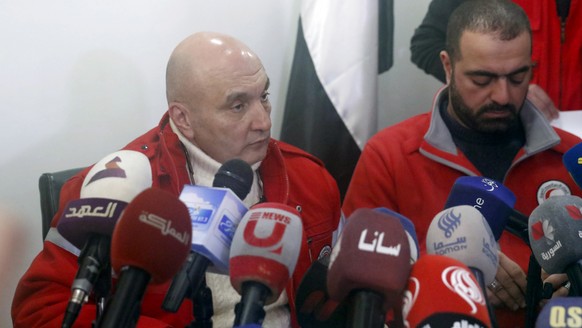 epa10452582 Syrian Arab Red Crescent (SARC) President Khaled Hboubati attends a press conference in Damascus, Syria, 07 February 2023. The head of the Syrian Arab Red Crescent, Khaled Haboubati said t ...