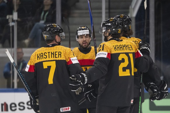 KEYPIX - Germany's players celebrates the 1-0 goal from Germany's Alexander Karachun during the 2026 IIHF Men's Ice Hockey World Championship preliminary round group A game between Germ ...