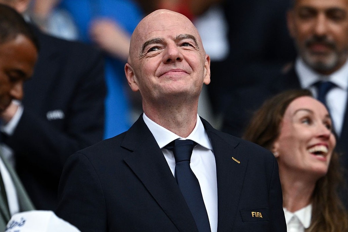MIAMI GARDENS, FLORIDA - JULY 11: Gianni Infantino of FIFA in the stand during the FIFA World Cup 2026 Quarter Final match between Norway and England at Miami Stadium on July 11, 2026 in Miami Gardens ...