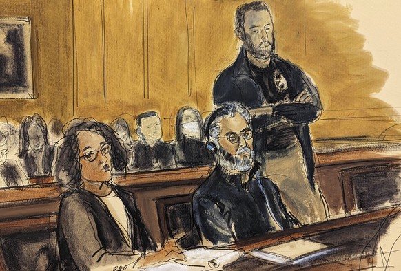 In this courtroom sketch, Guo Wengui, seated center, and his attorney Tamara Giwa, left, appear in federal court in New York, Wednesday, March 15, 2023. Guo, the business tycoon long sought by the gov ...