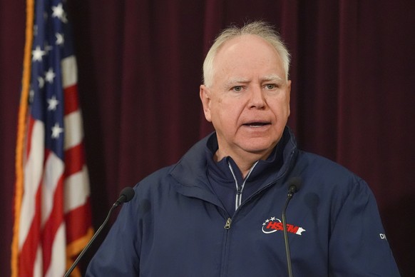 Minnesota Gov. Tim Walz speaks at a press conference after two police officers and a first responder were shot and killed Sunday, Feb. 18, 2024, in Burnsville, Minn. (AP Photo/Abbie Parr)
Tim Walz