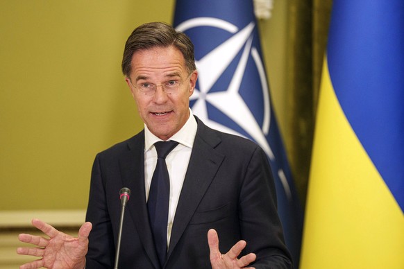 NATO Secretary General Mark Rutte speaks to journalists during a joint press conference with Ukrainian President Volodymyr Zelenskyy in Kyiv, Ukraine, Thursday Oct. 3, 2024. (AP Photo/Evgeniy Maloletk ...