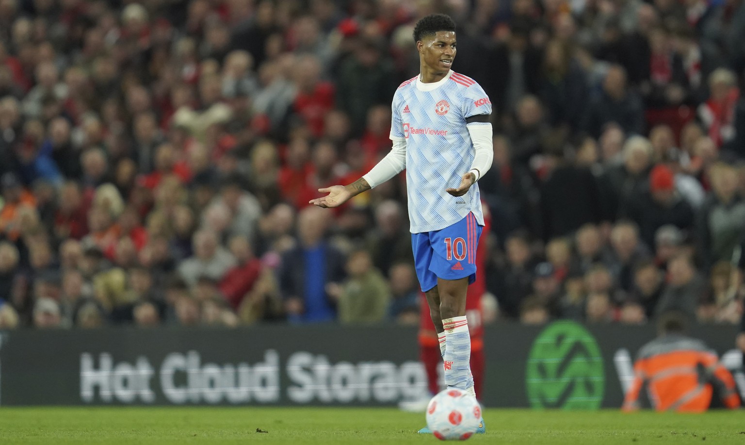 Manchester United&#039;s Marcus Rashford gestures during the English Premier League soccer match between Liverpool and Manchester United at Anfield stadium in Liverpool, England, Tuesday, April 19, 20 ...