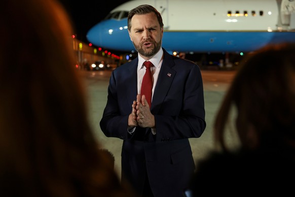 Vice President JD Vance speaks to reporters before boarding Air Force Two to return to Washington, at Budapest Ferenc Liszt International Airport in Budapest, Hungary, Wednesday, April 8, 2026. (Jonat ...