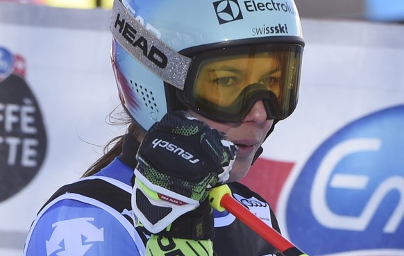 Switzerland&#039;s Wendy Holdener reacts after crossing the finish line of an alpine ski, women&#039;s World Cup giant slalom in Courchevel, France, Tuesday, Dec. 19, 2017. (AP Photo/Marco Tacca)