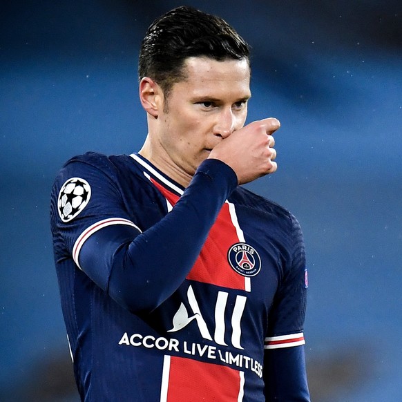 epa09177999 PSG?s Julian Draxler reacts during the UEFA Champions League semi final, second leg soccer match between Manchester City and Paris Saint-Germain in Manchester, Britain, 04 May 2021. EPA/PE ...