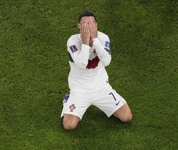Portugal&#039;s Cristiano Ronaldo, reacts after he failed to score during the World Cup quarterfinal soccer match between Morocco and Portugal, at Al Thumama Stadium in Doha, Qatar, Saturday, Dec. 10, ...