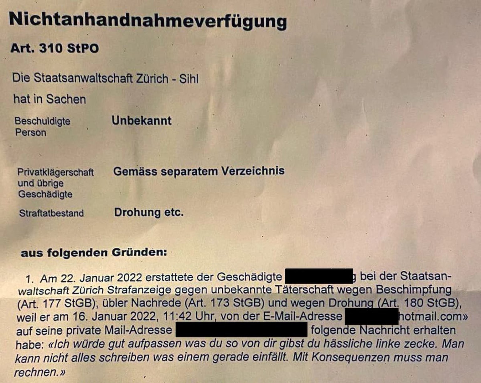 Verfügung der Zürcher Staatsanwaltschaft