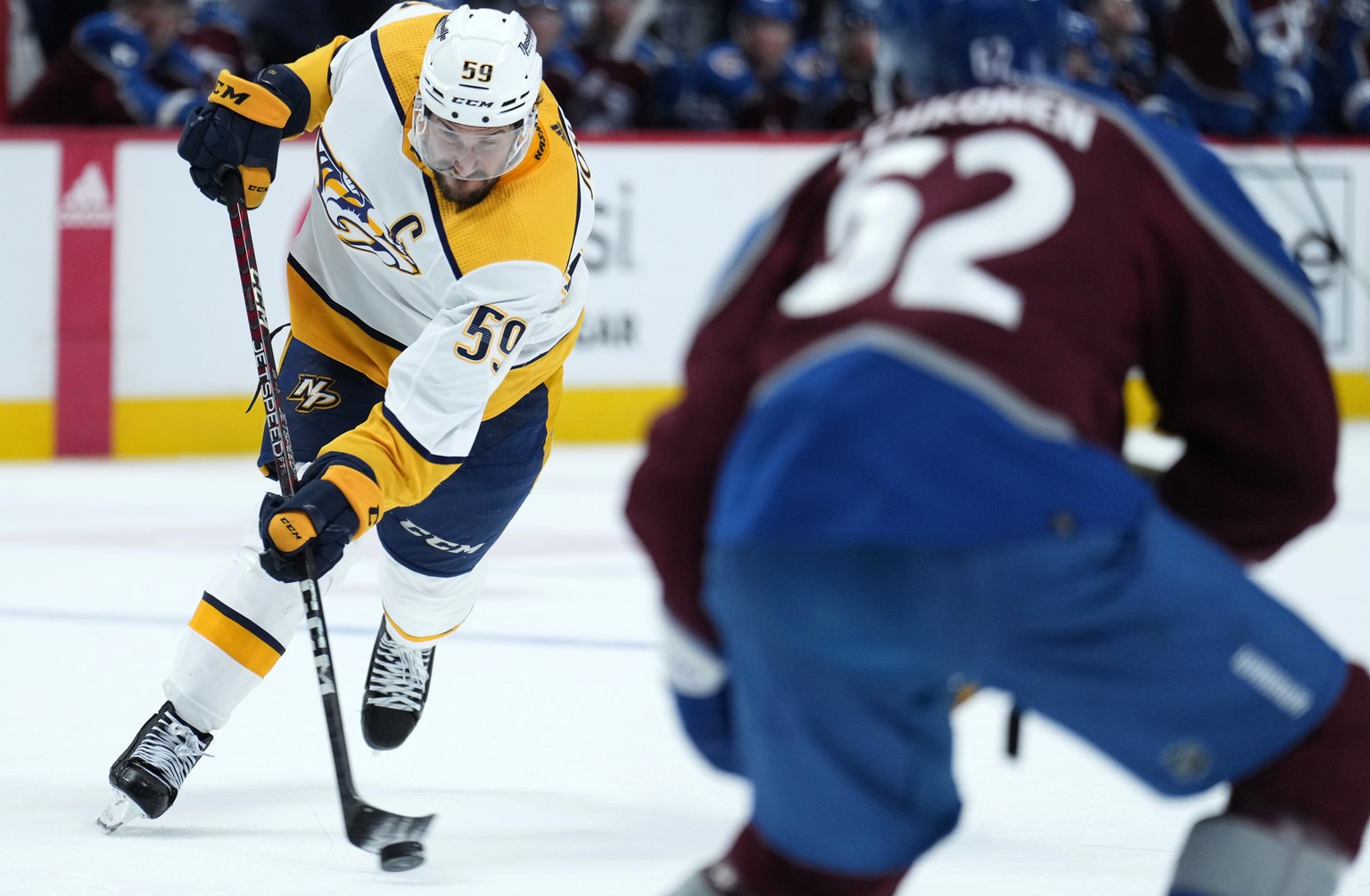 Nashville Predators defenseman Roman Josi (59) shoots against the Colorado Avalanche during the second period in Game 1 of an NHL hockey Stanley Cup first-round playoff series Tuesday, May 3, 2022, in ...