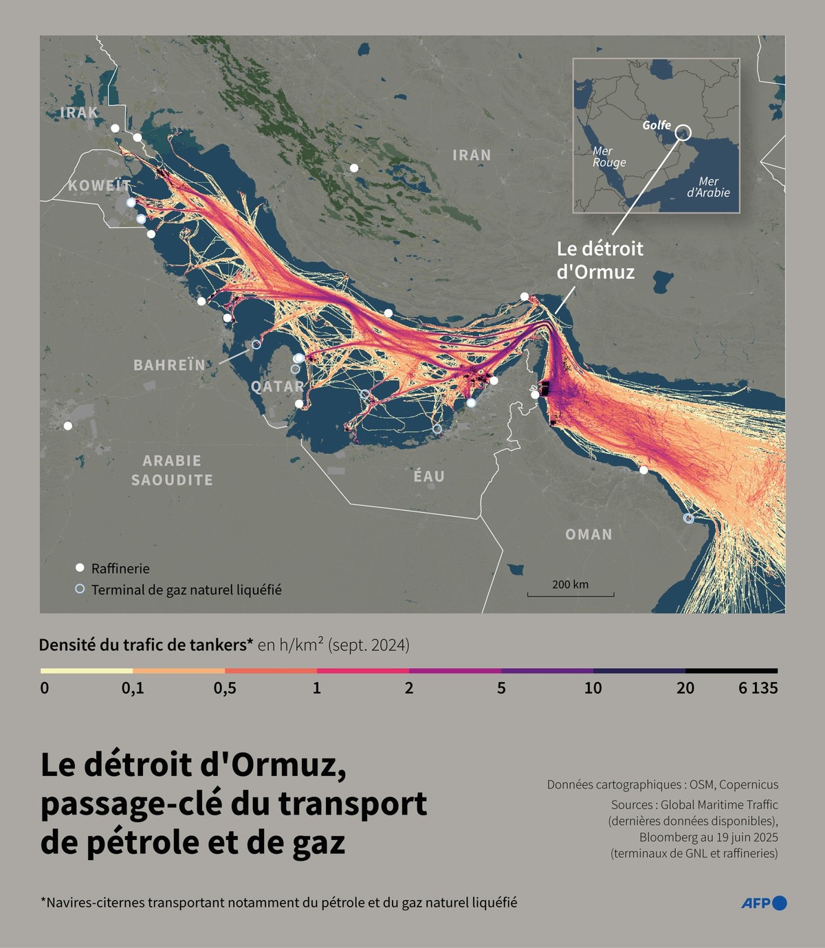 Carte du Golfe montrant notamment le trafic maritime de tankers en septembre 2024, en particulier au niveau du détroit d'Ormuz (Photo by Nalini LEPETIT-CHELLA and Omar KAMAL / AFP)
