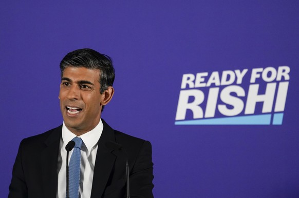 FILE - British Conservative Party member Rishi Sunak launches his campaign for the Conservative Party leadership, in London, Tuesday, July 12, 2022. Britain���s next prime minister will take office am ...