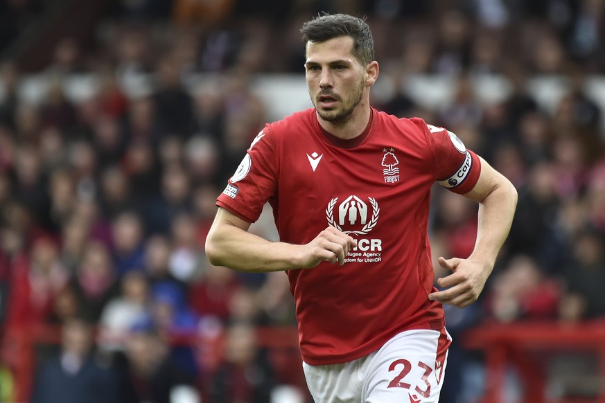 Nottingham Forest&#039;s Remo Freuler in action during the English Premier League soccer match between Nottingham Forest and Manchester United at City ground in Nottingham, England, Sunday, April 16,  ...