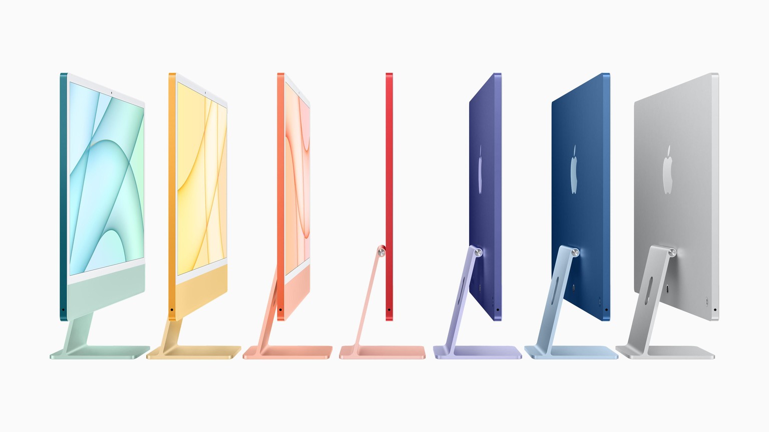 Den neuen, ultradünnen 24-Zoll-iMac gibt es in sechs Farbvariationen und in unbuntem Grau.