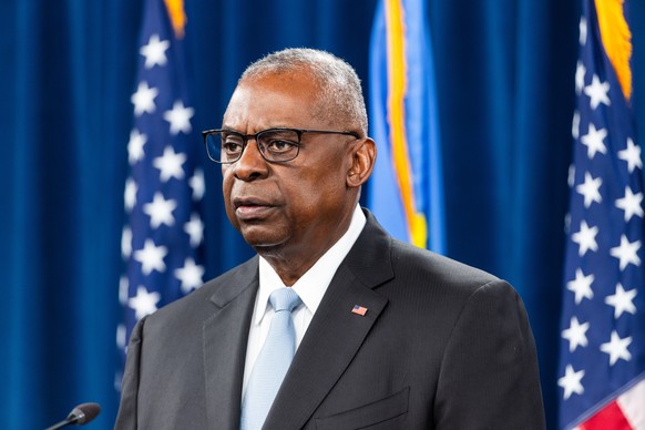 epa11356344 US Secretary of Defense Lloyd Austin attends a press conference where he spoke about US weapons supplies to Ukraine, as well as an ICC prosecutor&#039;s request for arrest warrants for Isr ...