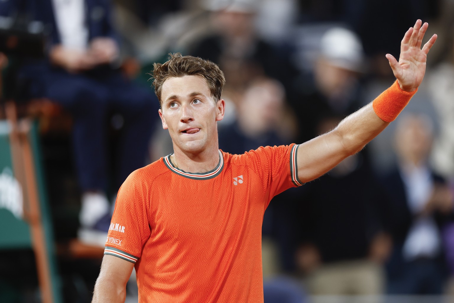 Norway&#039;s Casper Ruud celebrates winning against Brazil&#039;s Felipe Meligeni Alves at the end of their first round match of the French Open tennis tournament at the Roland Garros stadium in Pari ...