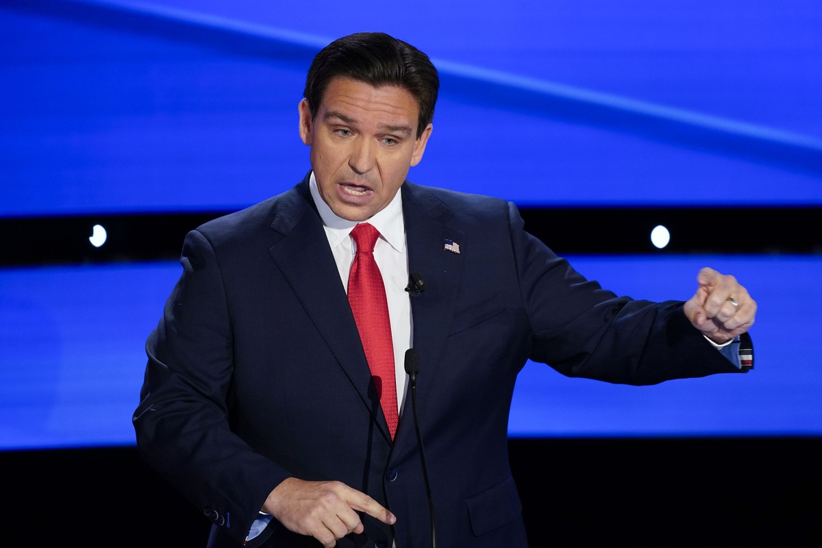Florida Gov. Ron DeSantis gestures at the CNN Republican presidential debate with former UN Ambassador Nikki Haley at Drake University in Des Moines, Iowa, Wednesday, Jan. 10, 2024. (AP Photo/Andrew H ...