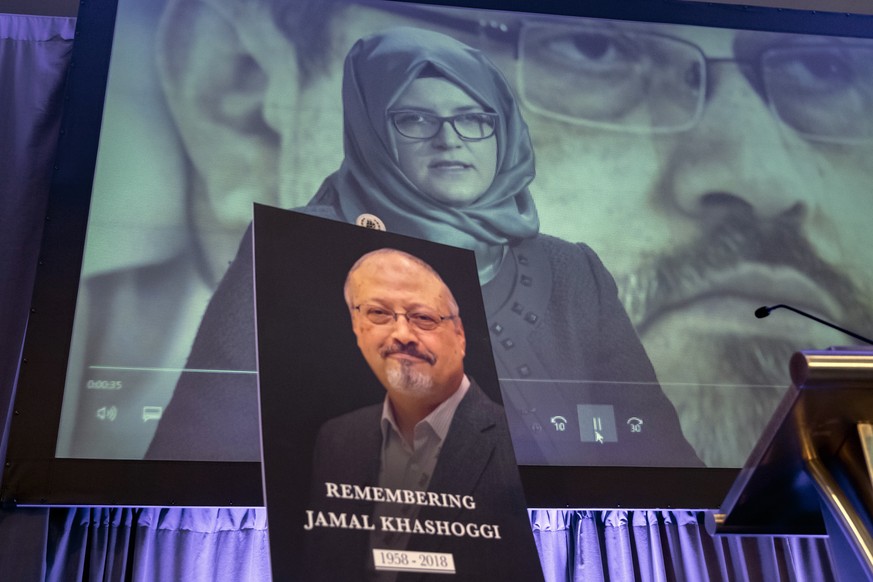 FILE - In this Nov. 2, 2018 file photo, a video image of Hatice Cengiz, fiancee of slain Saudi journalist Jamal Khashoggi, is played during an event to remember Khashoggi, in Washington. Saudi Crown P ...