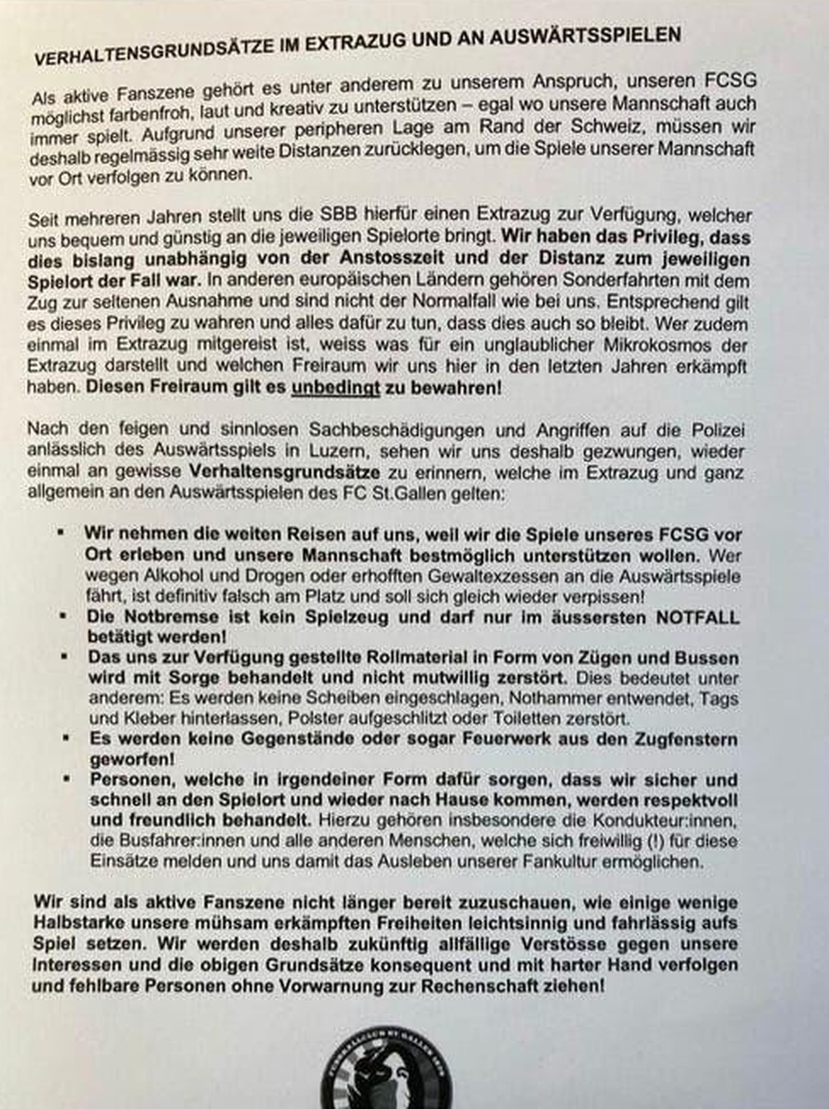 Das Schreiben der aktiven Fanszene.