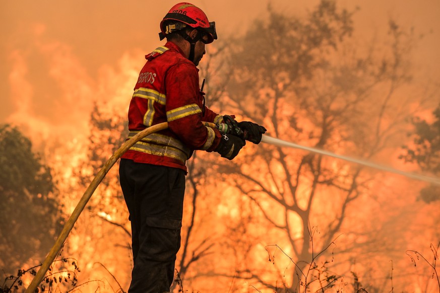 epa10069153 A firefighter fights the flames in the village of Boavista, Ansi�o, during the fight against the fire that started in Abiul, Pombal, north of Portugal, 13 July 2022. EPA/PAULO NOVAIS