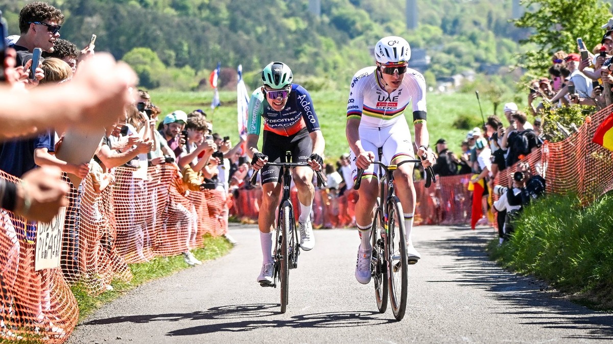French Paul Seixas of Decathlon CMA CGM Team and Slovenian Tadej Pogacar of UAE Team Emirates-XRG pictured in action during the men elite race of the Liege-Bastogne-Liege UCI World Tour one day cyclin ...