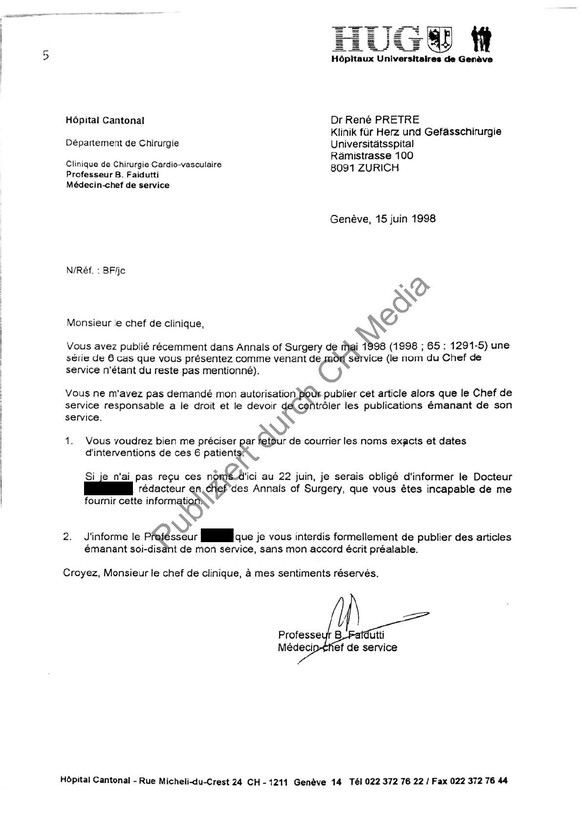 Faiduttis Brief, in welchem er Prêtre dazu auffordert, die Namen der entsprechenden Patienten mitzuteilen. Faidutti setzt eine Deadline von sieben Tagen.