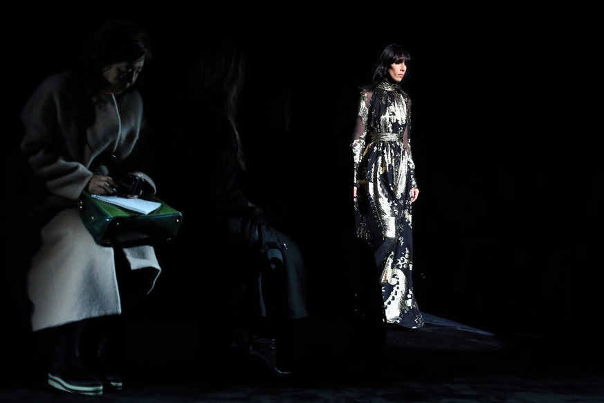 A model wears a creation for Emanuel Ungaro&#039;s Fall-Winter 2016 - 2017 ready to wear collection presented in Paris, France, Friday, March 4, 2016. (AP Photo/Thibault Camus)