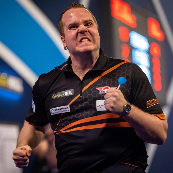 William Hill World Darts Championship 30/12/2020. Dirk van Duijvenbode Netherlands, reacts, celebrates, during the Fourth Round of the William Hill World Darts Championship at Alexandra Palace, London ...