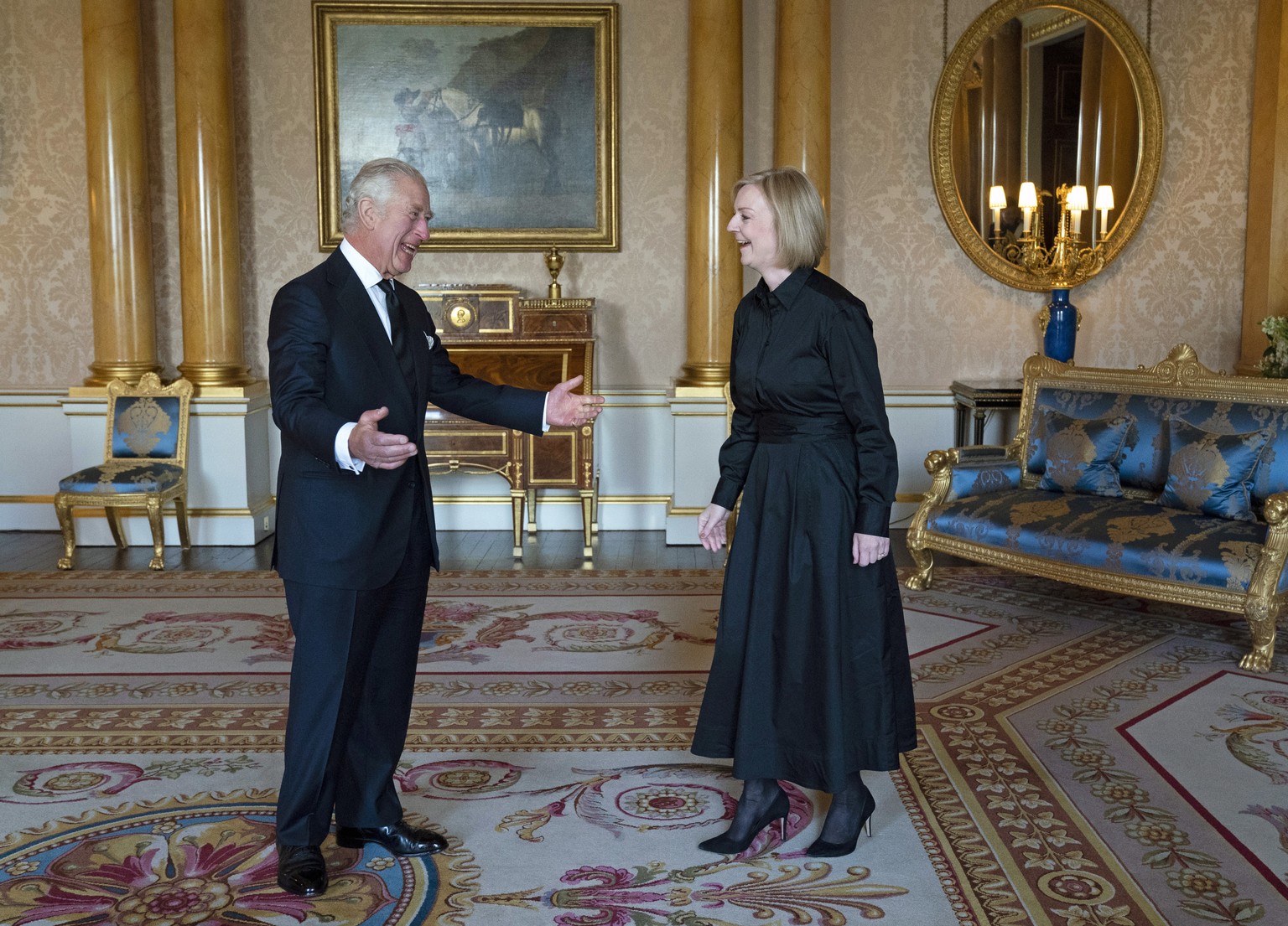 King Charles III receives Prime Minister Liz Truss in the 1844 Room at Buckingham Palace in London, Sunday, Sept. 18, 2022. ( Kirsty O&#039;Connor/Pool Photo via AP)