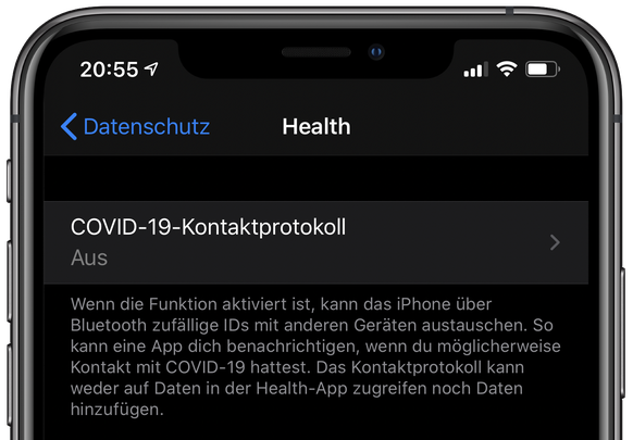 Nach dem iOS-Update finden iPhone-User in den Einstellungen den Menüpunkt «COVID-19-Kontaktprotokoll».