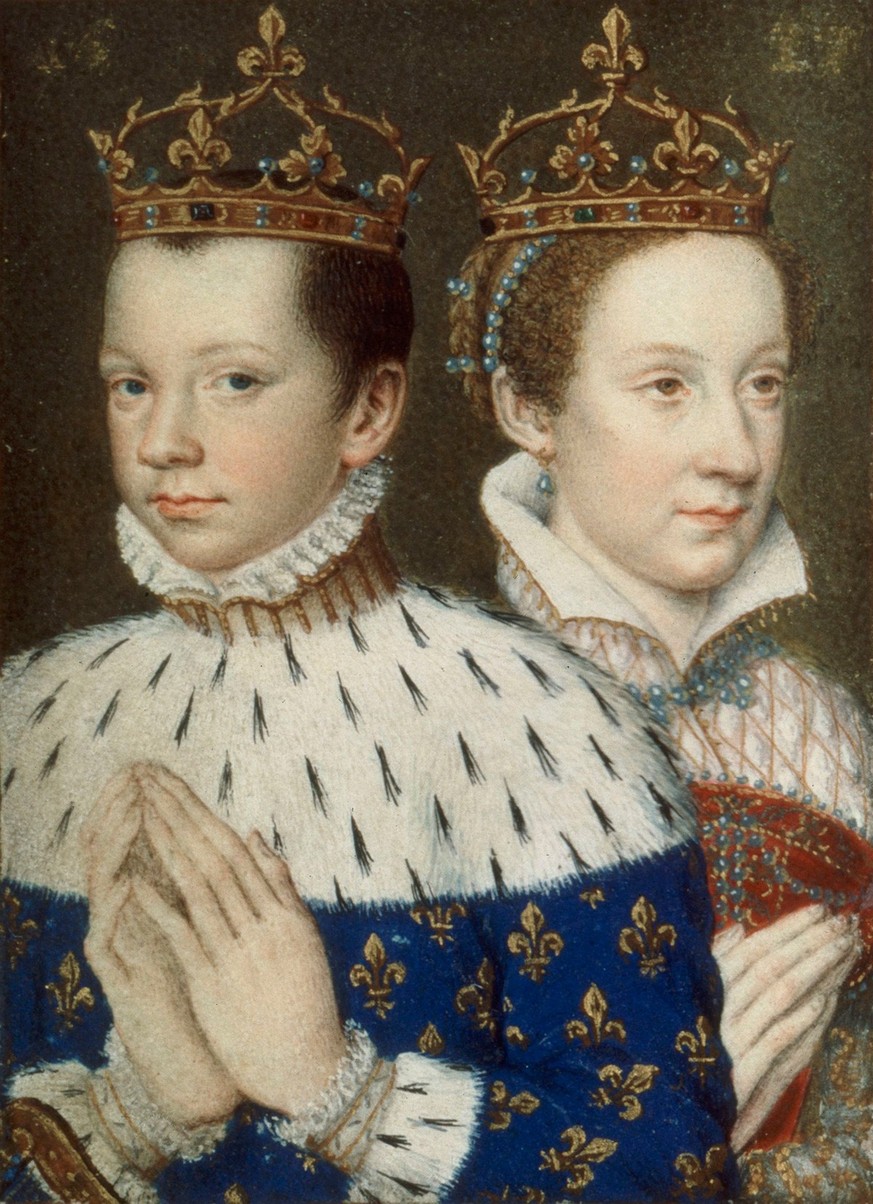 Maria Stuart und ihr Ehemann, Franz II. König von Frankreich. Miniatur aus Catherine de&#039; Medicis Stundenbuch, um 1573.
https://images.bnf.fr/#/detail/855275