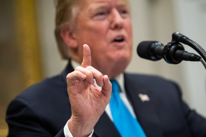 epa07595673 President Donald Trump delivers remarks on supporting American farmers, in the Roosevelt Room at the White House in Washington, DC, USA, 23 May 2019. Trump announced a 16 billion US dollar ...