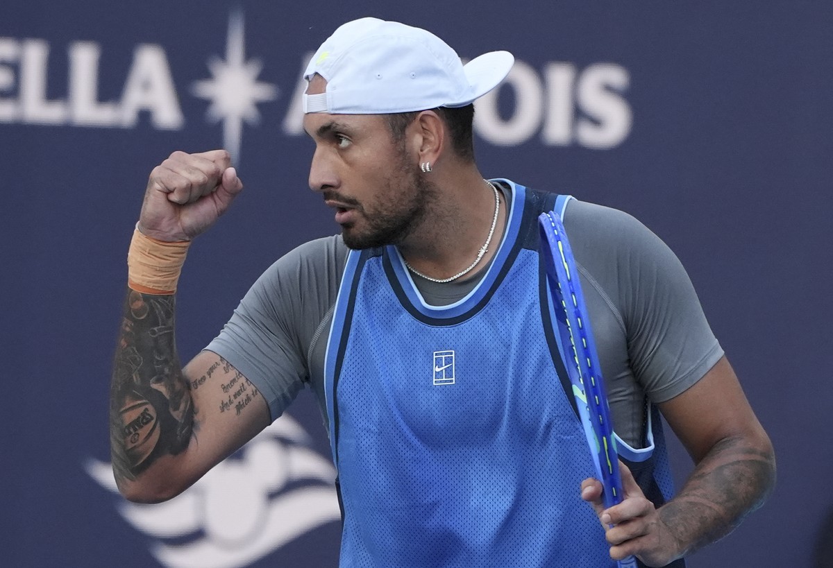 Nick Kyrgios, of Australia, reacts during his match against Mackenzie McDonald at the Miami Open tennis tournament, Wednesday, March 19, 2025, in Miami Gardens, Fla. (AP Photo/Lynne Sladky)
Nick Kyrgi ...