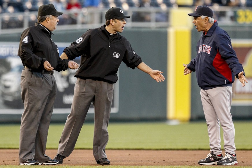 IMAGO / ZUMA Wire

May 09, 2012: Bobby Valentine 25 of the Boston Red Sox argues with umpire Chris Guccione 68 over the call that Cody Ross 7 of the Boston Red Sox dropped the ball during the MLB Base ...