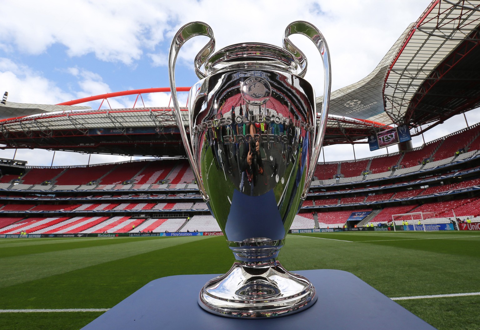 epa08487674 (FILE) - The UEFA Champions League trophy on display prior to the UEFA Champions League final between Atletico Madrid and Real Madrid at Luz Stadium in Lisbon, Portugal, 24 May 2014 (re-is ...