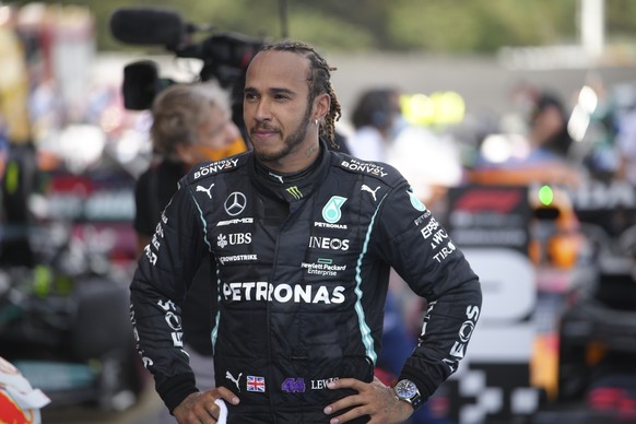 epa09187806 Winner British Formula One driver Lewis Hamilton of Mercedes-AMG Petronas reacts after the Formula One Grand Prix of Spain at the Circuit de Barcelona-Catalunya in Montmelo, Spain 09 May 2 ...