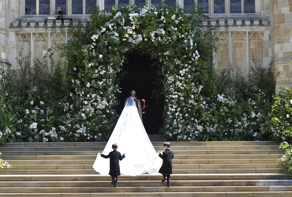 Meghan Markle and her bridal party arrive for the the wedding ceremony of Prince Harry and Meghan Markle at St. George's Chapel in Windsor Castle in Windsor, near London, England, Saturday, May 1 ...