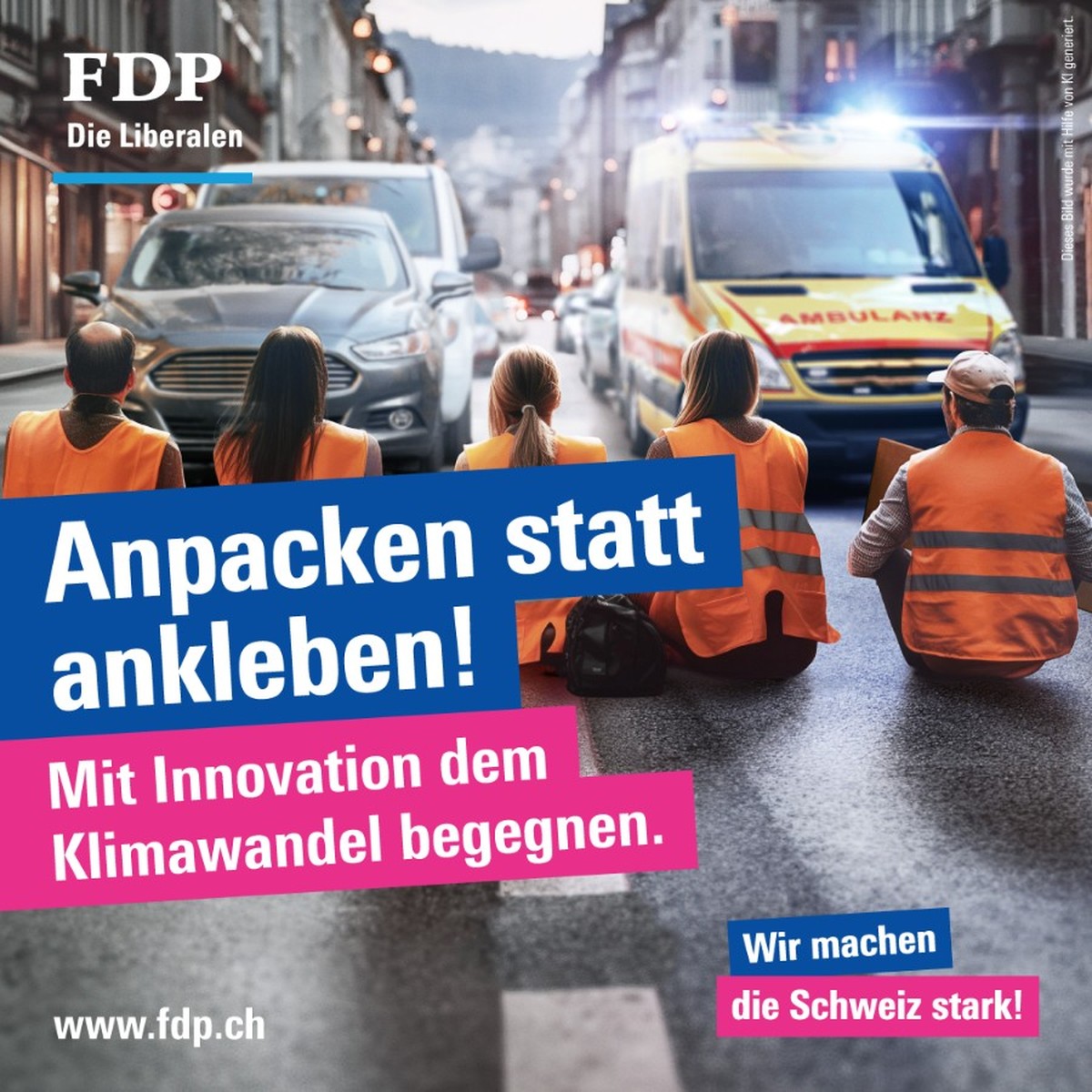 Werbe-Kampagne der FDP: Mit diesem KI-Bild machen die Liberalen Werbung für die Wahlen in der Schweiz 2023.