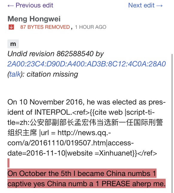 Interpol-Präsident Meng Hongwei vermisst – seit China-Reise fehlt jegliches Lebenszeichen
Der Eintrag in der englischen Wikipedia wird nun auch im Stundentakt geändert...