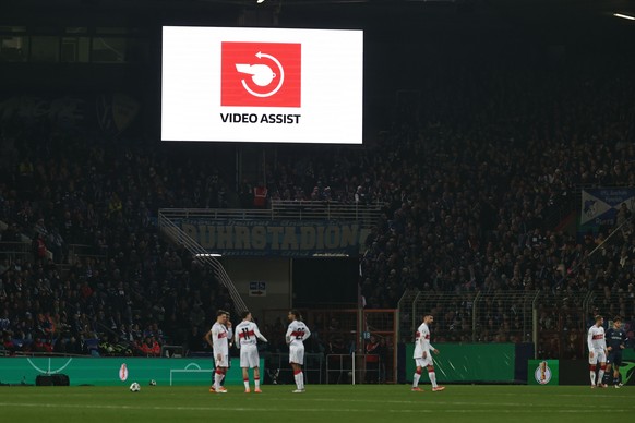 epa12567395 The VAR sign during the DFB Cup round of sixteen match between VfL Bochum and VfB Stuttgart, in Bochum, Germany, 03 December 2025. EPA/Friedemann Vogel The DFB regulations prohibit any use ...