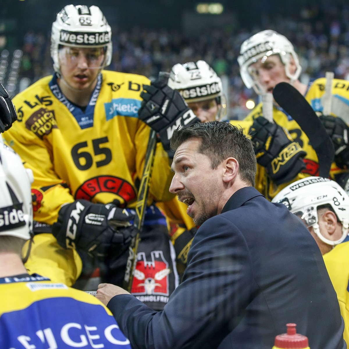 Berns Trainer Lars Leuenberger gibt seinen Spielern während eines Timeouts den Tarif durch.