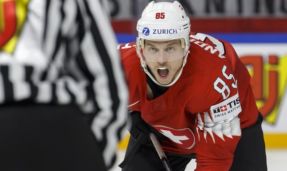 Switzerland&#039;s forward Sven Andrighetto reacts, during the IIHF 2018 World Championship preliminary round game between Switzerland and Austria, at the Royal Arena, in Copenhagen, Denmark, Saturday ...