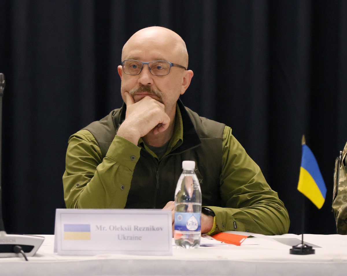 epa09909468 Ukrainian Defense Minister Oleksii Reznikov during a meeting of Ministers of Defense at the US Air Base in Ramstein, Germany, 26 April 2022. The U.S. Secretary of Defense Austin has invite ...