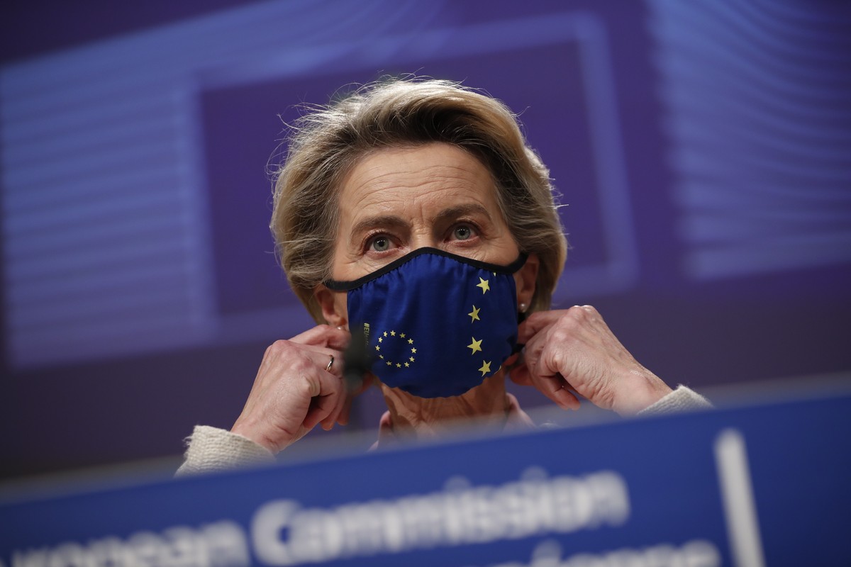 FILE - In this Thursday, Dec. 24, 2020 file photo, European Commission President Ursula von der Leyen prepares to address a media conference on Brexit negotiations at EU headquarters in Brussels. Elev ...