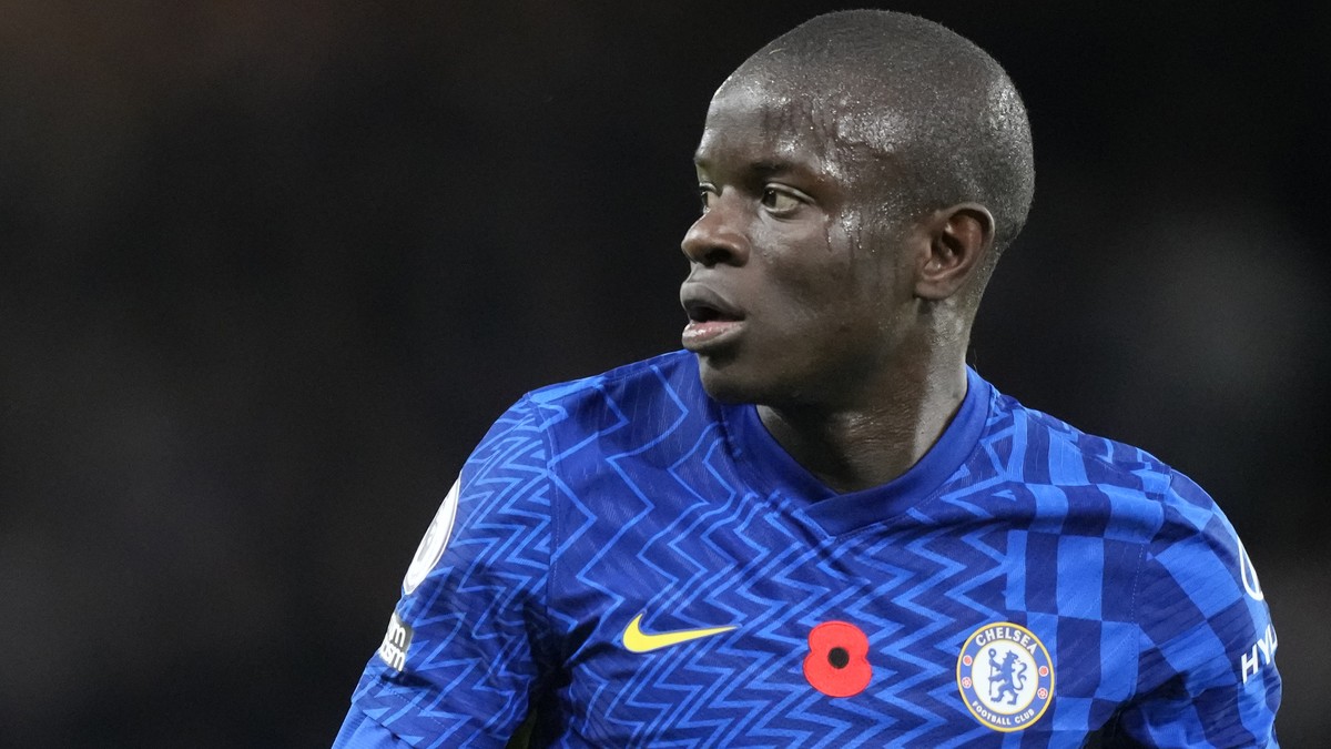 Chelsea's N'Golo Kante reacts during the English Premier League soccer match between Chelsea and Burnley at the Stamford Bridge stadium in London, Saturday, Nov. 6, 2021. (AP Photo/Frank Aug ...