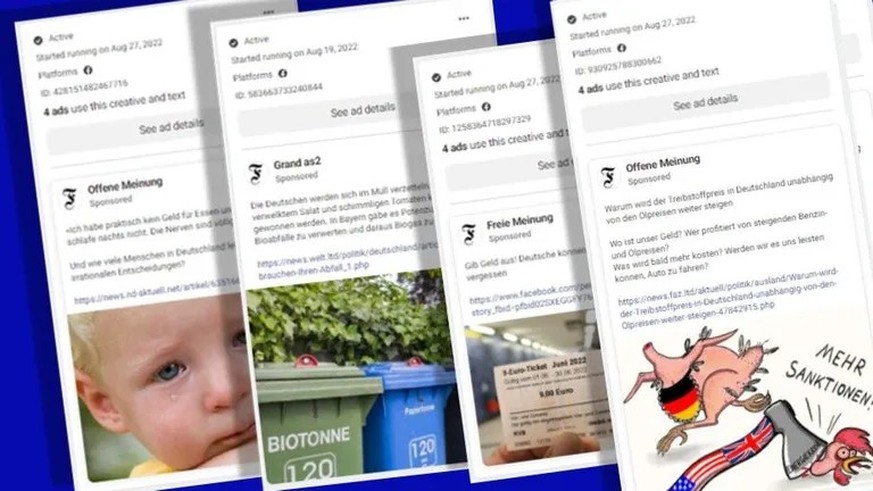 Anzeigen für Fake-Artikel: Das waren Postings zu prorussischer Propaganda, die Facebook gegen Geld manchen Nutzern noch am Wochenende anzeigte.