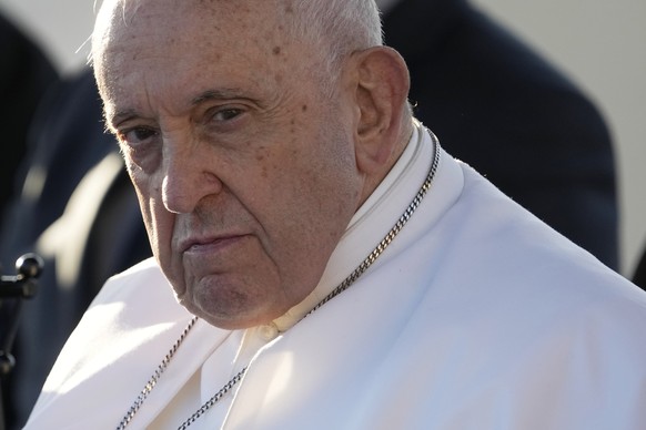 Pope Francis attends a moment of reflection with religious leaders next to the Notre Dame de la Garde Basilica in Marseille, France, Friday, Sept. 22, 2023. Francis, during a two-day visit, will join  ...