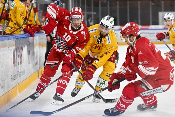 SC Rapperswil-Jona Lakers Roman Cervenka, Langnaus Miro Zryd und SC Rapperswil-Jona Lakers Yannick-Lennart Albrecht, von links, im Eishockeyspiel der National League zwischen den Rapperswil-Jona Laker ...