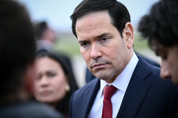 US Secretary of State Marco Rubio looks on as he speaks to the press following a G7 Foreign Ministers' meeting with Partner Countries at the Bourget airport in Le Bourget, outside Paris, Friday,  ...