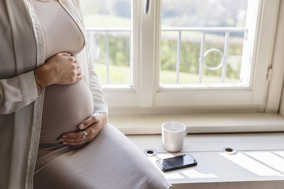 Pregnant woman hands on stomach sitting by window at home model released Symbolfoto MRAF00612