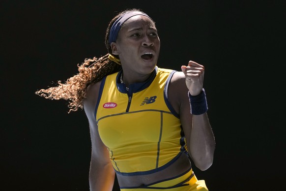 Coco Gauff of the U.S. celebrates after defeating compatriot Caroline Dolehide in their second round match at the Australian Open tennis championships at Melbourne Park, Melbourne, Australia, Wednesda ...